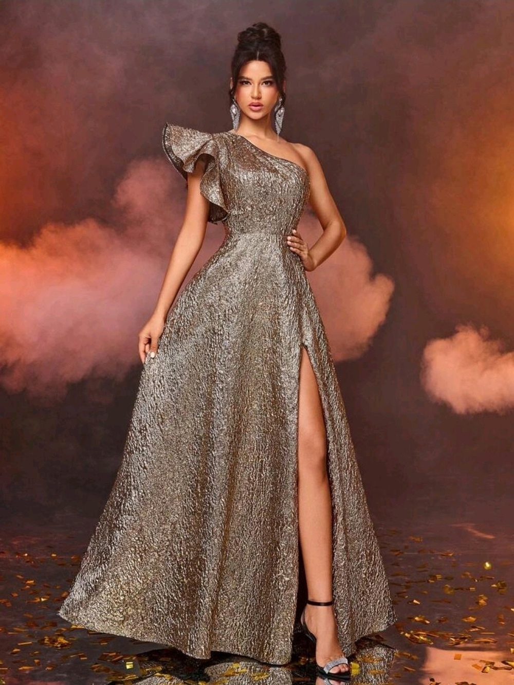 One-Shoulder Metallic Gold Ruffle Evening Gown